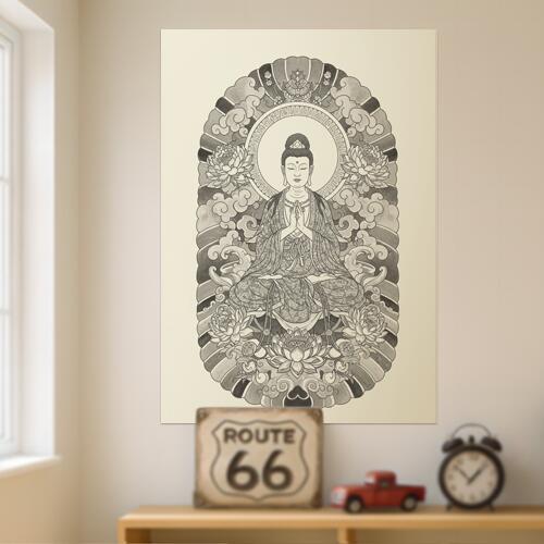 仏像 蓮 瞑想 平和 悟り タペストリー 和モダン 和柄 浮世絵風 刺青風 昭和レトロ 壁掛け 大判 長方形 タトゥー ジャパニーズ 男気 アウトロー 壁布 白 グレー 黒