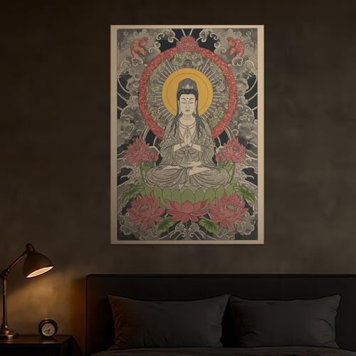 仏像 蓮 光背 曼荼羅 悟り タペストリー 和モダン 和柄 浮世絵風 刺青風 昭和レトロ 壁掛け 大判 長方..