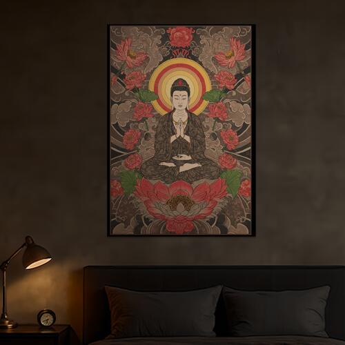 仏陀 蓮 瞑想 悟り 平和 タペストリー 和モダン 和柄 浮世絵風 刺青風 昭和レトロ 壁掛け 大判 長方形 タトゥー ジャパニーズ 男気 アウトロー 壁布 ベージュ 赤 黄色