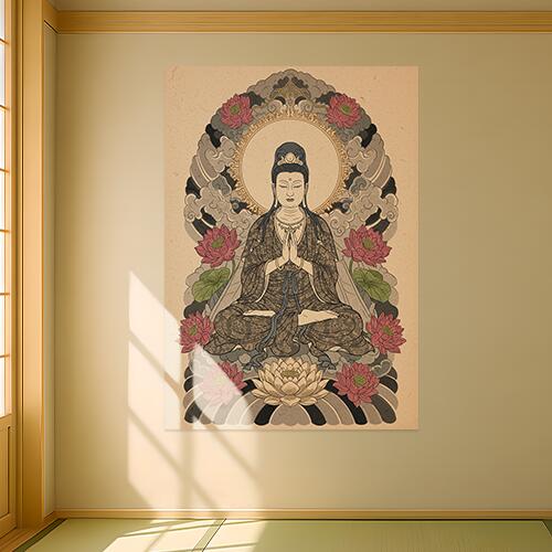 観音 仏像 蓮 瞑想 平和 タペストリー 和モダン 和柄 浮世絵風 刺青風 昭和レトロ 壁掛け 大判 長方形 タトゥー ジャパニーズ 男気 アウトロー 壁布 ベージュ グレー ピンク