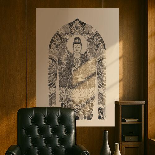 仏像 蓮 悟り 平和 瞑想 タペストリー 和モダン 和柄 浮世絵風 刺青風 昭和レトロ 壁掛け 大判 長方形 ..