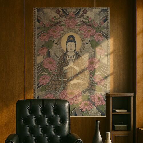 仏像 蓮 瞑想 悟り 平和 タペストリー 和モダン 和柄 浮世絵風 刺青風 昭和レトロ 壁掛け 大判 長方形 タトゥー ジャパニーズ 男気 アウトロー 壁布 ベージュ ピンク グレー