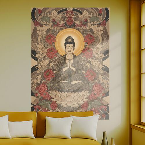 仏像 蓮 瞑想 平和 悟り タペストリー 和モダン 和柄 浮世絵風 刺青風 昭和レトロ 壁掛け 大判 長方形 ..
