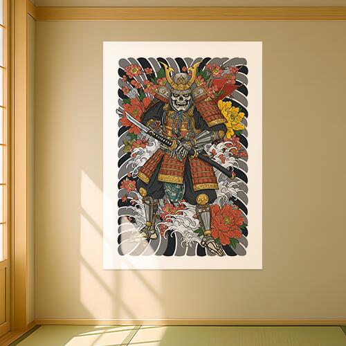 侍 武士道 死 骸骨 鎧 タペストリー 和モダン 和柄 浮世絵風 刺青風 昭和レトロ 壁掛け 大判 長方形 タ..