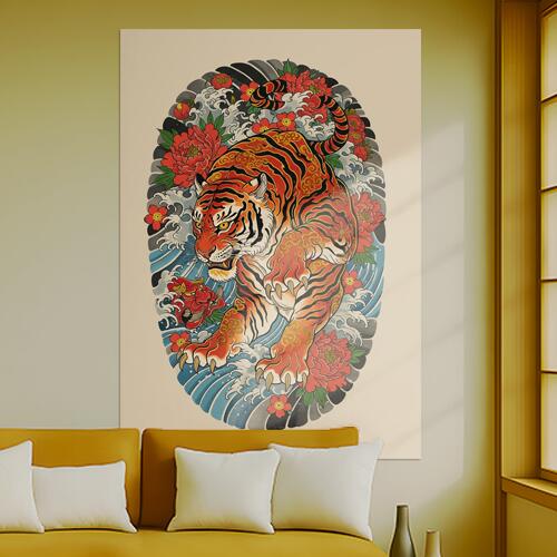虎 花 波 鬼 伝統 タペストリー 和モダン 和柄 浮世絵風 刺青風 昭和レトロ 壁掛け 大判 長方形 タトゥ..