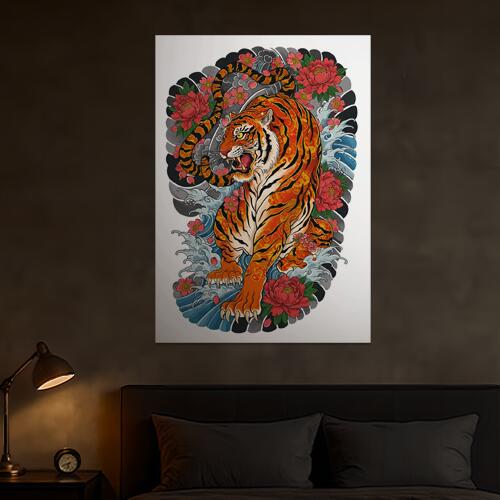 虎 花 波 雲 伝統 タペストリー 和モダン 和柄 浮世絵風 刺青風 昭和レトロ 壁掛け 大判 長方形 タトゥ..