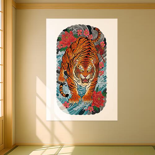 虎 花 波 雲 日本画 タペストリー 和モダン 和柄 浮世絵風 刺青風 昭和レトロ 壁掛け 大判 長方形 タトゥー ジャパニーズ 男気 アウトロー 壁布 オレンジ 赤 ピンク