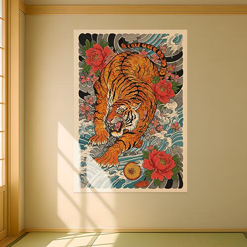 虎 花 波 牡丹 幸運 タペストリー 和モダン 和柄 浮世絵風 刺青風 昭和レトロ 壁掛け 大判 長方形 タトゥー ジャパニーズ 男気 アウトロー 壁布 オレンジ 赤 ピンク