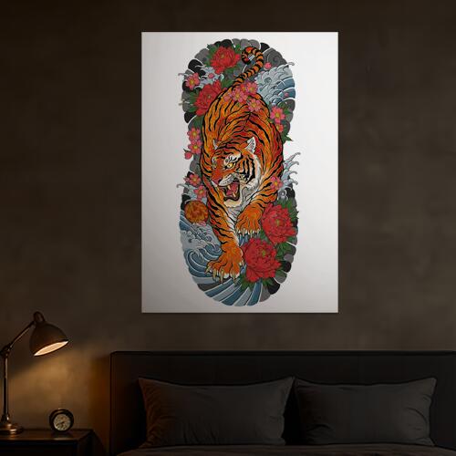 虎 花 波 玉 牡丹 タペストリー 和モダン 和柄 浮世絵風 刺青風 昭和レトロ 壁掛け 大判 長方形 タトゥー ジャパニーズ 男気 アウトロー 壁布 オレンジ 赤 ピンク