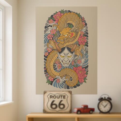 龍 鬼 花 波 和柄 タペストリー 和モダン 浮世絵風 刺青風 昭和レトロ 壁掛け 大判 長方形 タトゥー ジャパニーズ 男気 アウトロー 壁布 黄色 赤 ピンク
