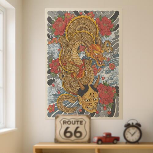 龍 鬼 花 波 鱗 タペストリー 和モダン 和柄 浮世絵風 刺青風 昭和レトロ 壁掛け 大判 長方形 タトゥー ジャパニーズ 男気 アウトロー 壁布 赤 オレンジ 黄色