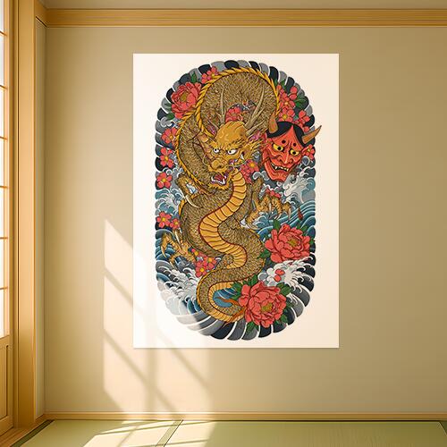 龍 鬼 花 波 鱗 タペストリー 和モダン 和柄 浮世絵風 刺青風 昭和レトロ 壁掛け 大判 長方形 タトゥー ジャパニーズ 男気 アウトロー 壁布 黄色 赤 グレー