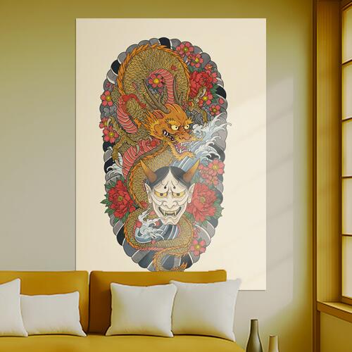 龍 鬼 花 波 鱗 タペストリー 和モダン 和柄 浮世絵風 刺青風 昭和レトロ 壁掛け 大判 長方形 タトゥー ジャパニーズ 男気 アウトロー 壁布 黄色 オレンジ 赤