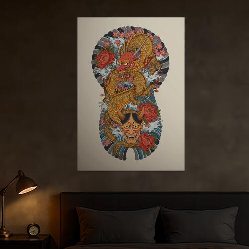 龍 鬼 花 波 桜 タペストリー 和モダン 和柄 浮世絵風 刺青風 昭和レトロ 壁掛け 大判 長方形 タトゥー ジャパニーズ 男気 アウトロー 壁布 赤 オレンジ 黄色