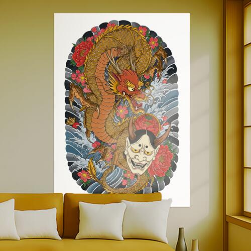 龍 鬼 花 波 鱗 タペストリー 和モダン 和柄 浮世絵風 刺青風 昭和レトロ 壁掛け 大判 長方形 タトゥー ジャパニーズ 男気 アウトロー 壁布 赤 オレンジ 黄色