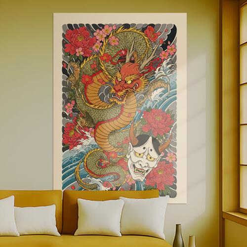 龍 鬼 花 波 雲 タペストリー 和モダン 和柄 浮世絵風 刺青風 昭和レトロ 壁掛け 大判 長方形 タトゥー ジャパニーズ 男気 アウトロー 壁布 赤 ピンク オレンジ