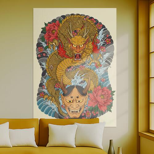 龍 鬼 花 波 和柄 タペストリー 和モダン 浮世絵風 刺青風 昭和レトロ 壁掛け 大判 長方形 タトゥー ジ..