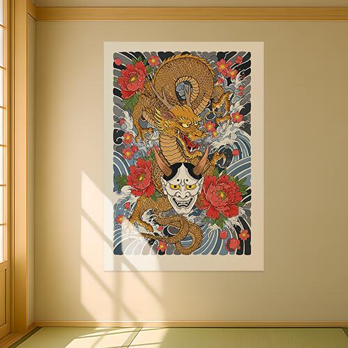 龍 鬼 花 波 鱗 タペストリー 和モダン 和柄 浮世絵風 刺青風 昭和レトロ 壁掛け 大判 長方形 タトゥー ジャパニーズ 男気 アウトロー 壁布 黄色 赤 白