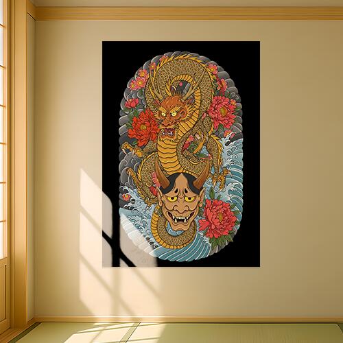 龍 鬼 花 波 鱗 タペストリー 和モダン 和柄 浮世絵風 刺青風 昭和レトロ 壁掛け 大判 長方形 タトゥー ジャパニーズ 男気 アウトロー 壁布 黄色 オレンジ 赤
