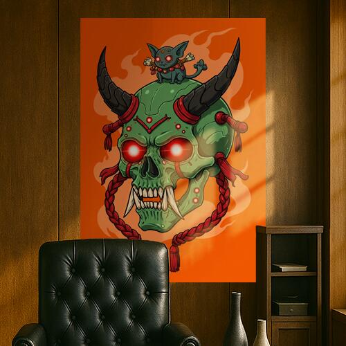 鬼 髑髏 猫又 妖怪 炎 タペストリー 和モダン 和柄 浮世絵風 刺青風 昭和レトロ 壁掛け 大判 長方形 タトゥー ジャパニーズ 男気 アウトロー 壁布 緑 黒 赤