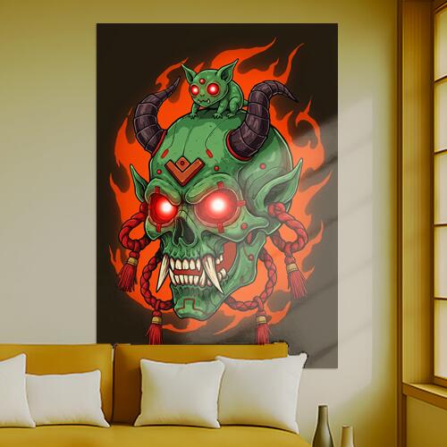 鬼 髑髏 悪魔 火炎 妖怪 タペストリー 和モダン 和柄 浮世絵風 刺青風 昭和レトロ 壁掛け 大判 長方形 タトゥー ジャパニーズ 男気 アウトロー 壁布 緑 赤 黒