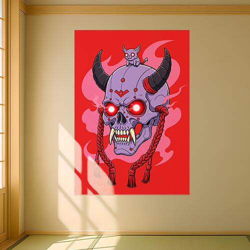 髑髏 悪魔 鬼 妖怪 死 タペストリー 和モダン 和柄 浮世絵風 刺青風 昭和レトロ 壁掛け 大判 長方形 タトゥー ジャパニーズ 男気 アウトロー 壁布 赤 ピンク 紫
