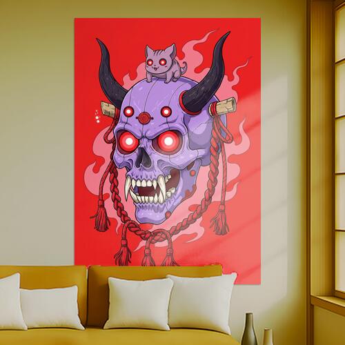髑髏 猫 鬼 炎 縄 タペストリー 和モダン 和柄 浮世絵風 刺青風 昭和レトロ 壁掛け 大判 長方形 タトゥー ジャパニーズ 男気 アウトロー 壁布 赤 紫 黒
