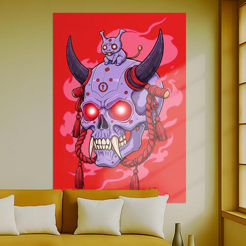 髑髏 鬼 悪魔 妖怪 魂 タペストリー 和モダン 和柄 浮世絵風 刺青風 昭和レトロ 壁掛け 大判 長方形 タトゥー ジャパニーズ 男気 アウトロー 壁布 赤 紫 黒