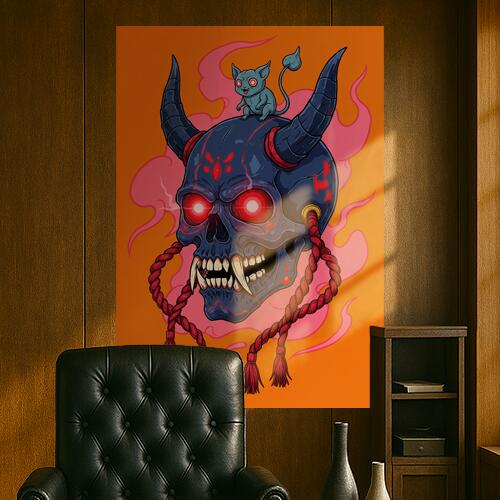 鬼 猫又 髑髏 悪魔 妖怪 タペストリー 和モダン 和柄 浮世絵風 刺青風 昭和レトロ 壁掛け 大判 長方形 タトゥー ジャパニーズ 男気 アウトロー 壁布 紺 赤 ピンク