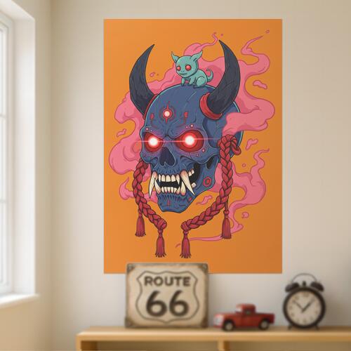 鬼 妖怪 髑髏 悪魔 霊 タペストリー 和モダン 和柄 浮世絵風 刺青風 昭和レトロ 壁掛け 大判 長方形 タトゥー ジャパニーズ 男気 アウトロー 壁布 青 赤 黒