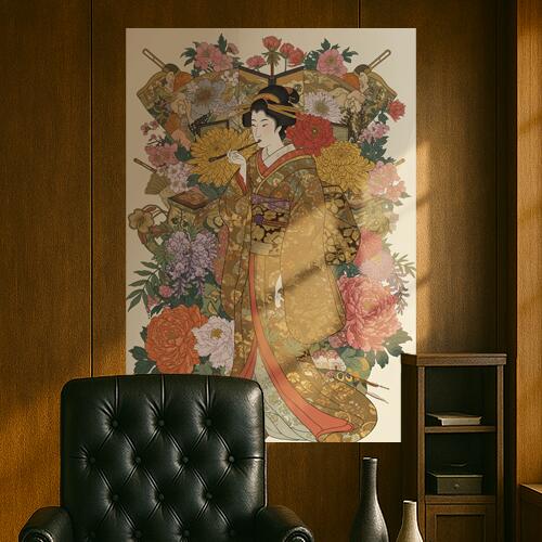 着物 芸者 花 扇子 簪 タペストリー 和モダン 和柄 浮世絵風 刺青風 昭和レトロ 壁掛け 大判 長方形 タ..