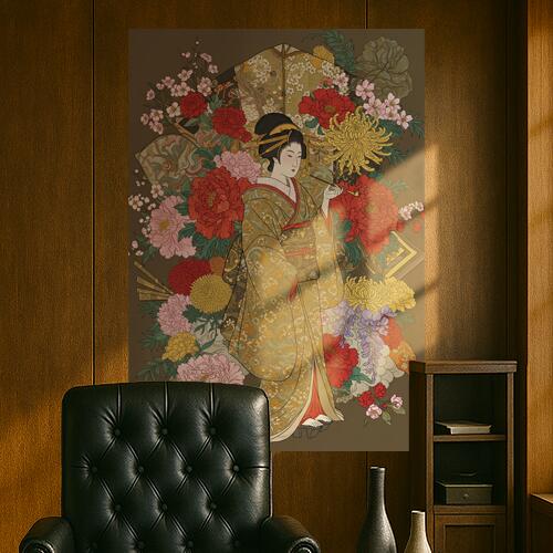 芸者 着物 花 扇子 煙管 タペストリー 和モダン 和柄 浮世絵風 刺青風 昭和レトロ 壁掛け 大判 長方形 タトゥー ジャパニーズ 男気 アウトロー 壁布 赤 ピンク 黄色
