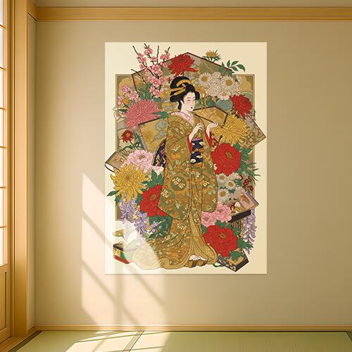 芸者 着物 花 扇子 日本画 タペストリー 和モダン 和柄 浮世絵風 刺青風 昭和レトロ 壁掛け 大判 長方形 タトゥー ジャパニーズ 男気 アウトロー 壁布 赤 ピンク 黄色