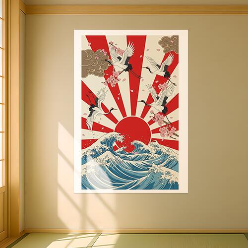 鶴 波 太陽 桜 雲 タペストリー 和モダン 和柄 浮世絵風 刺青風 昭和レトロ 壁掛け 大判 長方形 タトゥー ジャパニーズ 男気 アウトロー 壁布 白 赤 ピンク