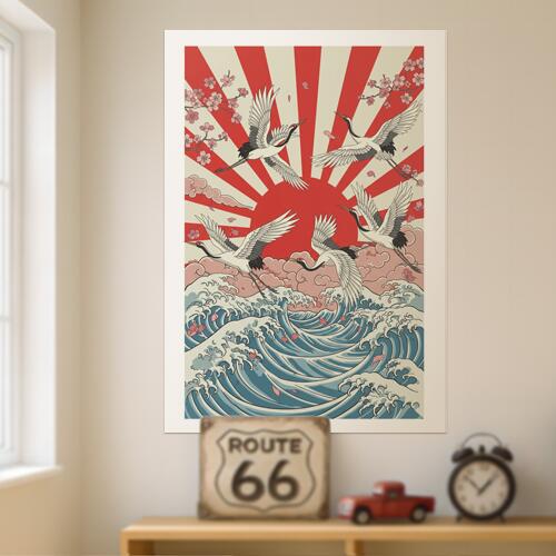 鶴 波 太陽 雲 桜 タペストリー 和モダン 和柄 浮世絵風 刺青風 昭和レトロ 壁掛け 大判 長方形 タトゥー ジャパニーズ 男気 アウトロー 壁布 赤 白 ベージュ