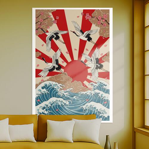 鶴 波 太陽 雲 桜 タペストリー 和モダン 和柄 浮世絵風 刺青風 昭和レトロ 壁掛け 大判 長方形 タトゥ..
