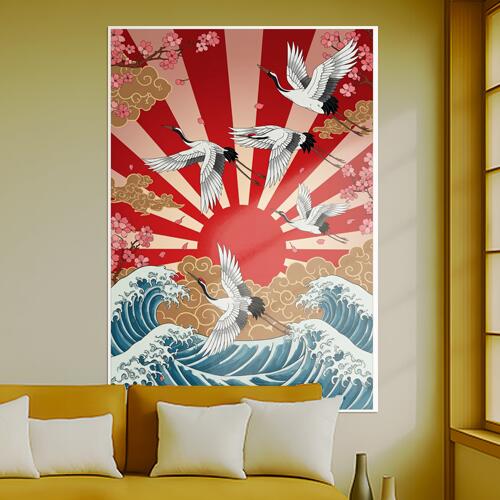 鶴 波 太陽 桜 雲 タペストリー 和モダン 和柄 浮世絵風 刺青風 昭和レトロ 壁掛け 大判 長方形 タトゥ..