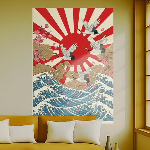 鶴 波 太陽 雲 桜 タペストリー 和モダン 和柄 浮世絵風 刺青風 昭和レトロ 壁掛け 大判 長方形 タトゥー ジャパニーズ 男気 アウトロー 壁布 赤 白 ベージュ