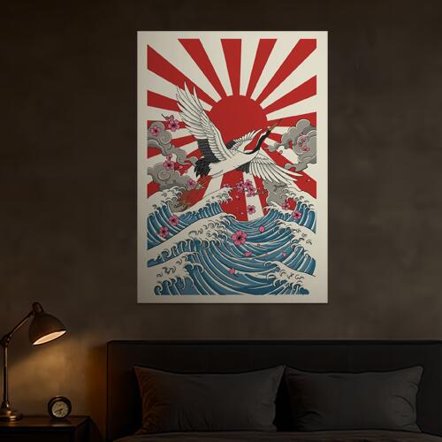 鶴 波 桜 太陽 雲 タペストリー 和モダン 和柄 浮世絵風 刺青風 昭和レトロ 壁掛け 大判 長方形 タトゥー ジャパニーズ 男気 アウトロー 壁布 赤 白 黒