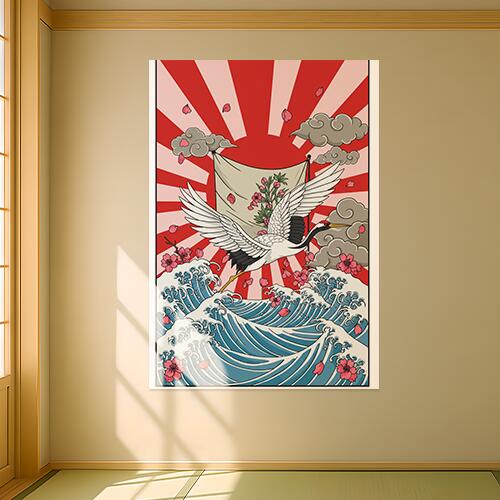 鶴 波 桜 雲 日の出 タペストリー 和モダン 和柄 浮世絵風 刺青風 昭和レトロ 壁掛け 大判 長方形 タトゥー ジャパニーズ 男気 アウトロー 壁布 白 黒 グレー