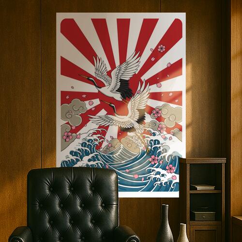 鶴 波 桜 太陽 雲 タペストリー 和モダン 和柄 浮世絵風 刺青風 昭和レトロ 壁掛け 大判 長方形 タトゥー ジャパニーズ 男気 アウトロー 壁布 白 黒 赤