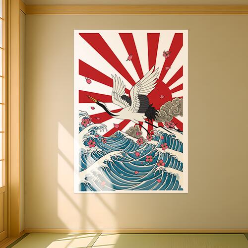 鶴 波 桜 太陽 雲 タペストリー 和モダン 和柄 浮世絵風 刺青風 昭和レトロ 壁掛け 大判 長方形 タトゥー ジャパニーズ 男気 アウトロー 壁布 白 黒 グレー