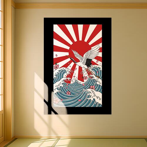 鶴 波 桜 日の出 和風 タペストリー 和モダン 和柄 浮世絵風 刺青風 昭和レトロ 壁掛け 大判 長方形 タトゥー ジャパニーズ 男気 アウトロー 壁布 赤 白 青