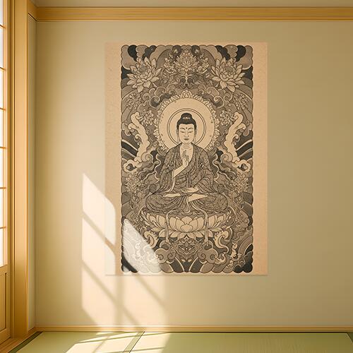 仏陀 蓮 悟り 平和 瞑想 タペストリー 和モダン 和柄 浮世絵風 刺青風 昭和レトロ 壁掛け 大判 長方形 タトゥー ジャパニーズ 男気 アウトロー 壁布 ベージュ グレー