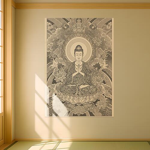 仏像 蓮 悟り 平和 瞑想 タペストリー 和モダン 和柄 浮世絵風 刺青風 昭和レトロ 壁掛け 大判 長方形 ..