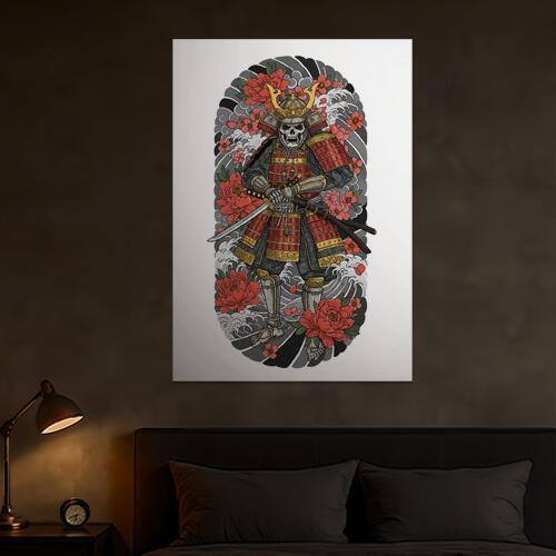 侍 武士道 死 骸骨 花 タペストリー 和モダン 和柄 浮世絵風 刺青風 昭和レトロ 壁掛け 大判 長方形 タトゥー ジャパニーズ 男気 アウトロー 壁布 赤 グレー 黒