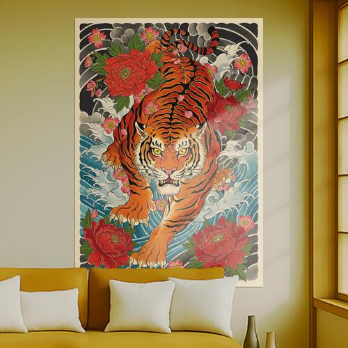 虎 花 波 牡丹 幸運 タペストリー 和モダン 和柄 浮世絵風 刺青風 昭和レトロ 壁掛け 大判 長方形 タトゥー ジャパニーズ 男気 アウトロー 壁布 赤 オレンジ 黄色