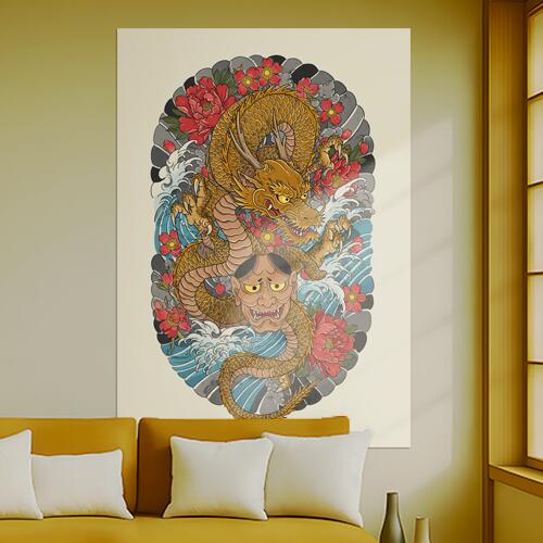 龍 般若 花 波 鱗 タペストリー 和モダン 和柄 浮世絵風 刺青風 昭和レトロ 壁掛け 大判 長方形 タトゥー ジャパニーズ 男気 アウトロー 壁布 黄色 赤 青