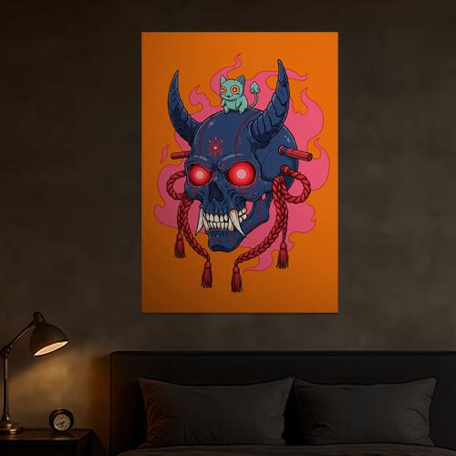 髑髏 猫又 鬼 炎 魔除け タペストリー 和モダン 和柄 浮世絵風 刺青風 昭和レトロ 壁掛け 大判 長方形 タトゥー ジャパニーズ 男気 アウトロー 壁布 紺 赤 ピンク