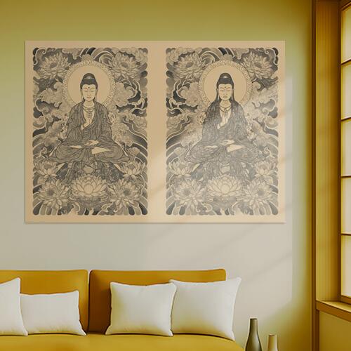 仏像 蓮 悟り 平和 瞑想 タペストリー 和モダン 和柄 浮世絵風 刺青風 昭和レトロ 壁掛け 大判 長方形 ..
